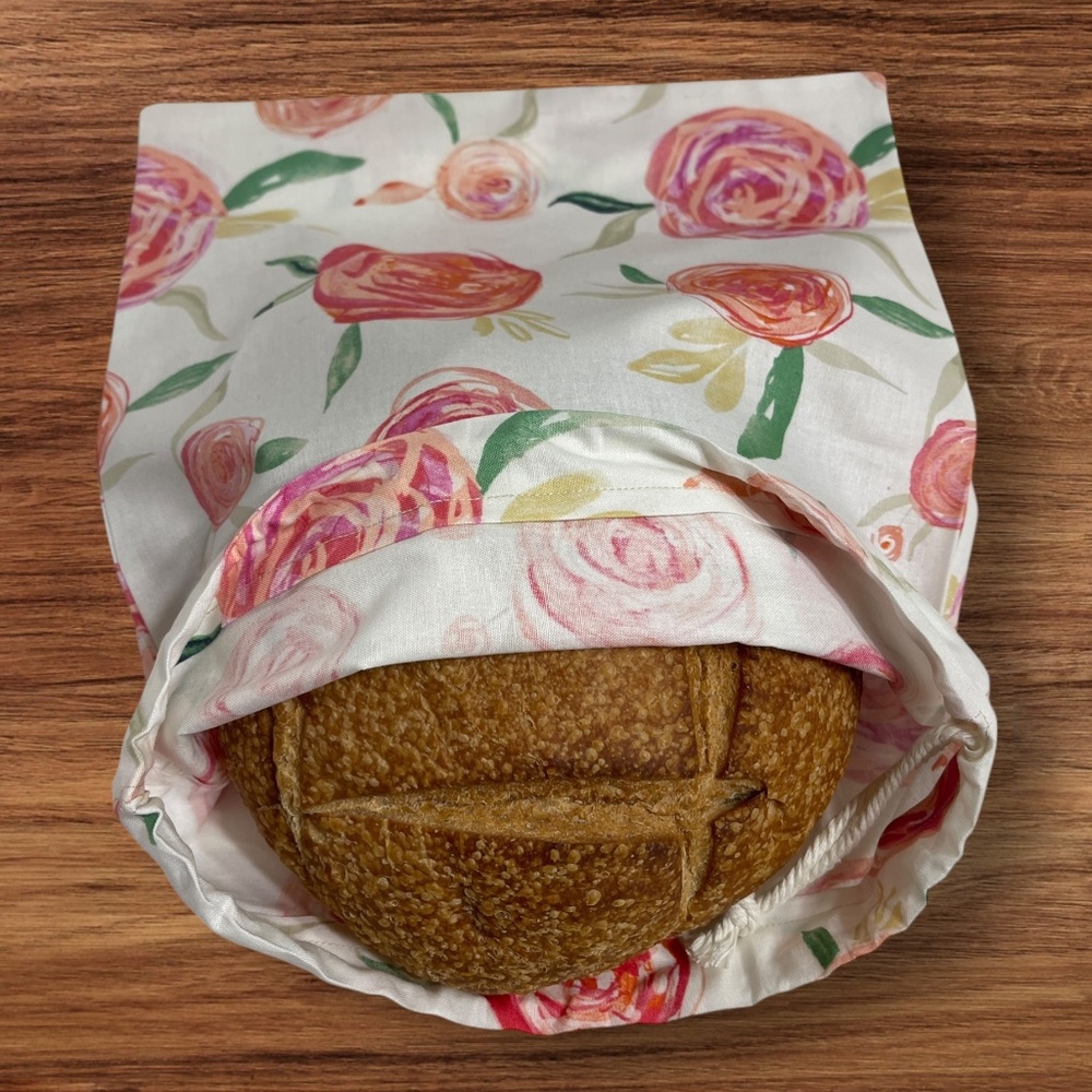 Pink Floral Cotton Bread Bag, Reusable Sourdough Linen Bread Bag, Zero Waste